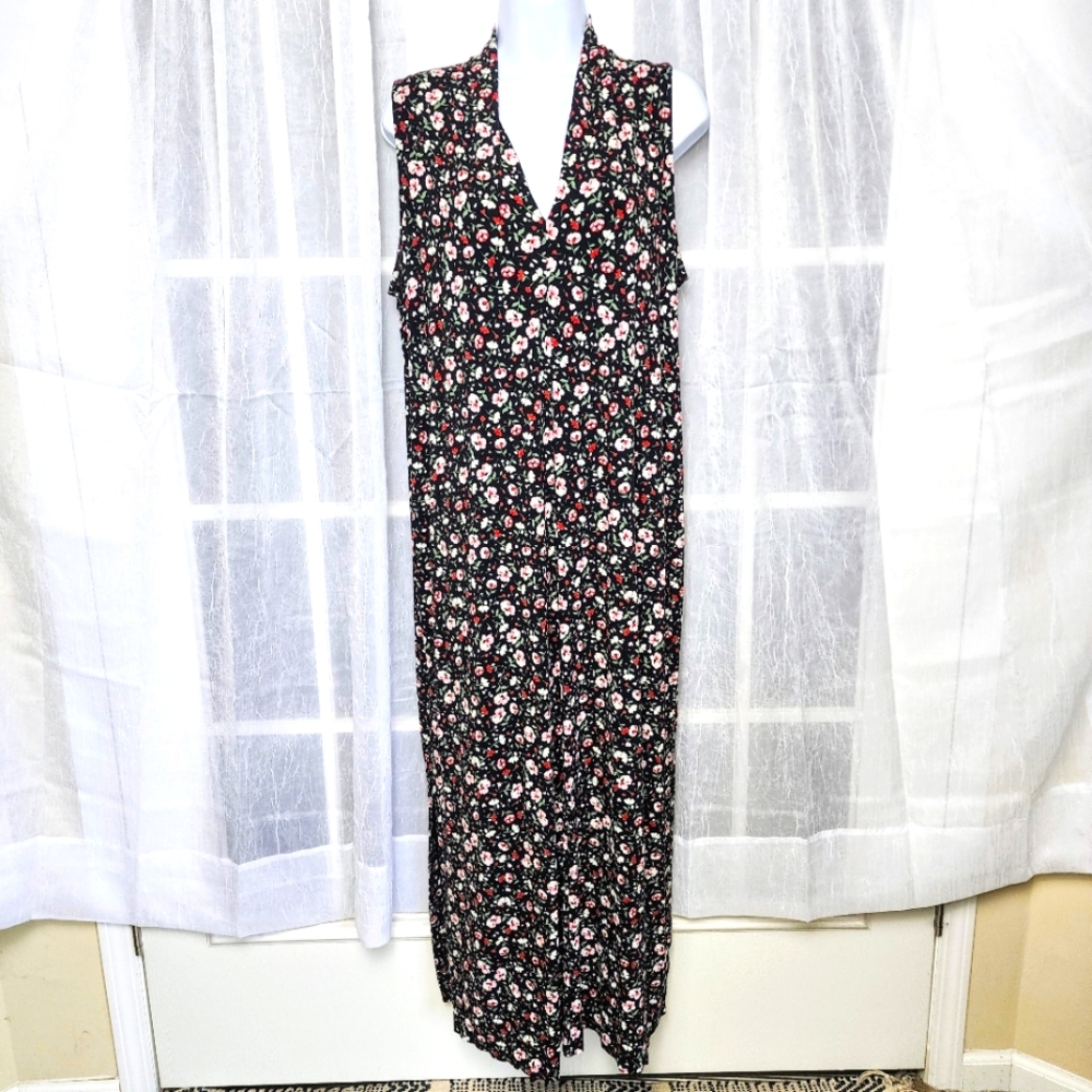 J Jill Wearever Collection Black Floral Stretch Travel V neck Maxi Dress Sz L